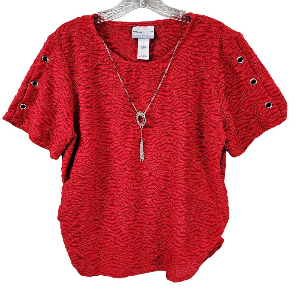 Alfred Dunner Petite Crinkle Top Women PL Short Sleeve Red Necklace Eyelet